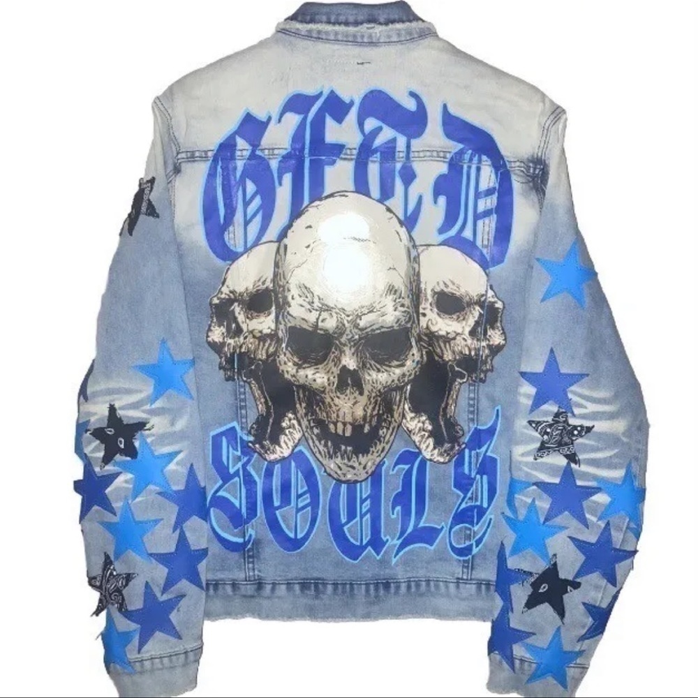 Gftd Los Angeles Embroidered Patchwork Stars Skull & Bones Denim Jean Jacket Nwt